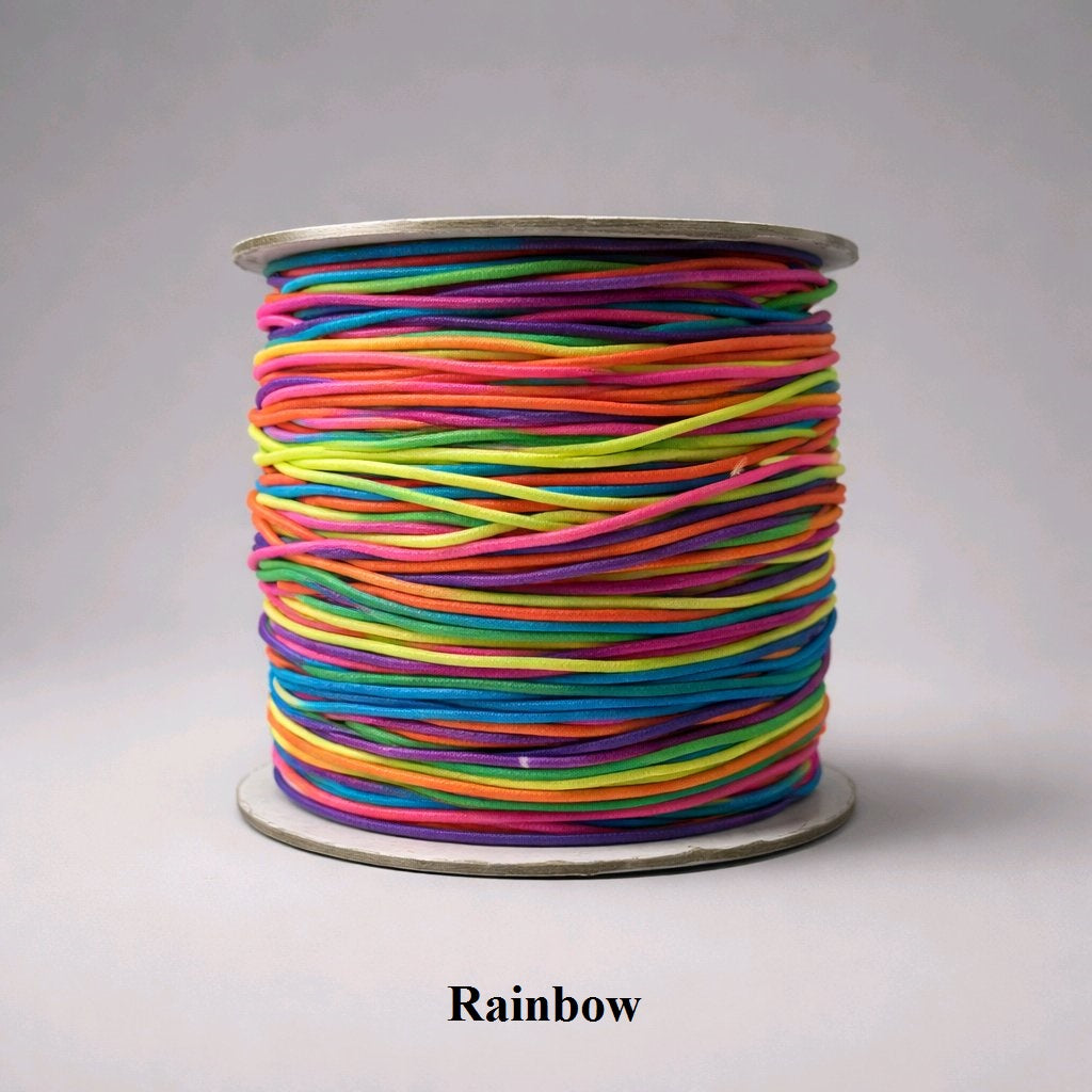 1mm rainbow striped nylon covered elastic cord, multi-colored thread changes hues along the length, making it a favorite for pride jewelry and vibrant, multi-tone bracelets.