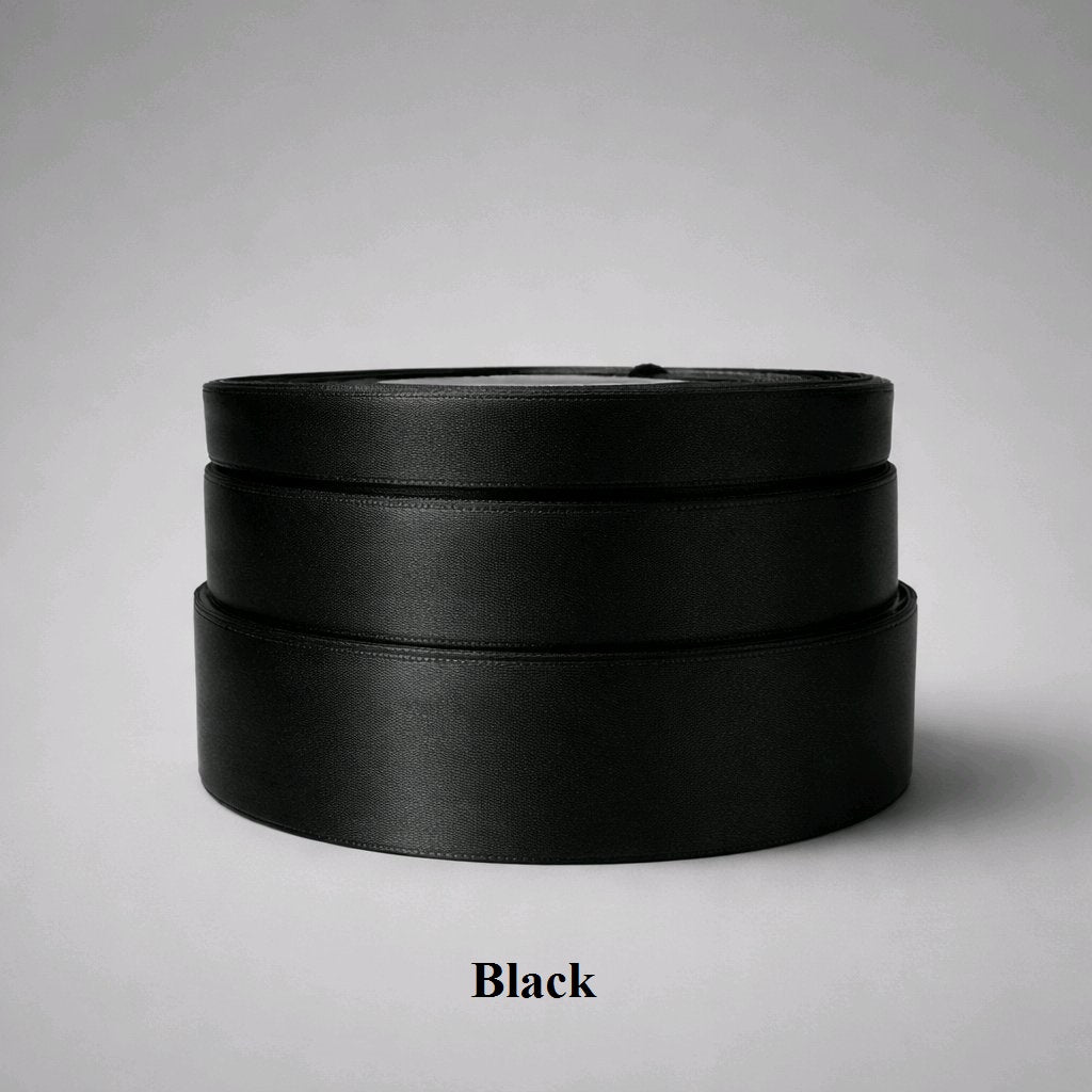 6mm black single-sided satin ribbon; 32m reel for classic luxury packaging, formal hair accessories, and gothic crafts
