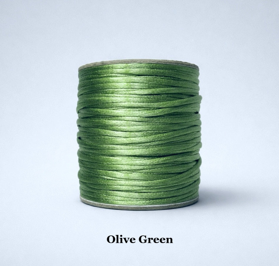 2mm olive green satin cord; earthy khaki-toned rattail string for rustic fashion and durable fiber arts