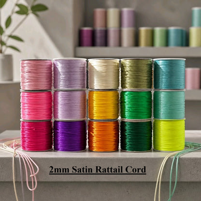 2mm rattail satin nylon cord in a 40-color palette; bulk assorted silky strings for professional Shamballa bracelets, macramé wall hangings, Kumihimo braiding, and luxury garment drawstrings with a flame-sealable finish