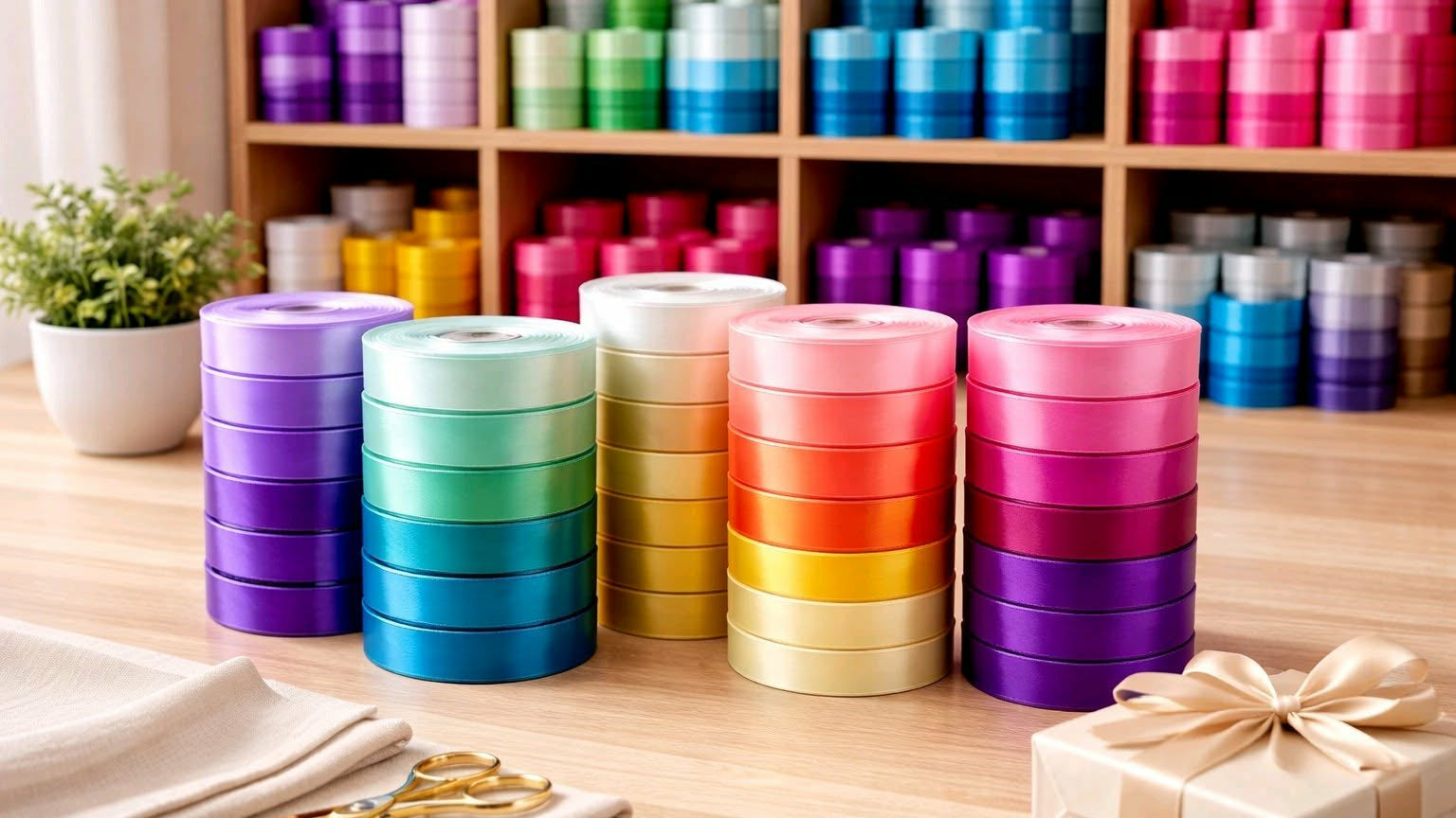 Stacks of colorful ribbons on a wooden surface with a shelf in the background.