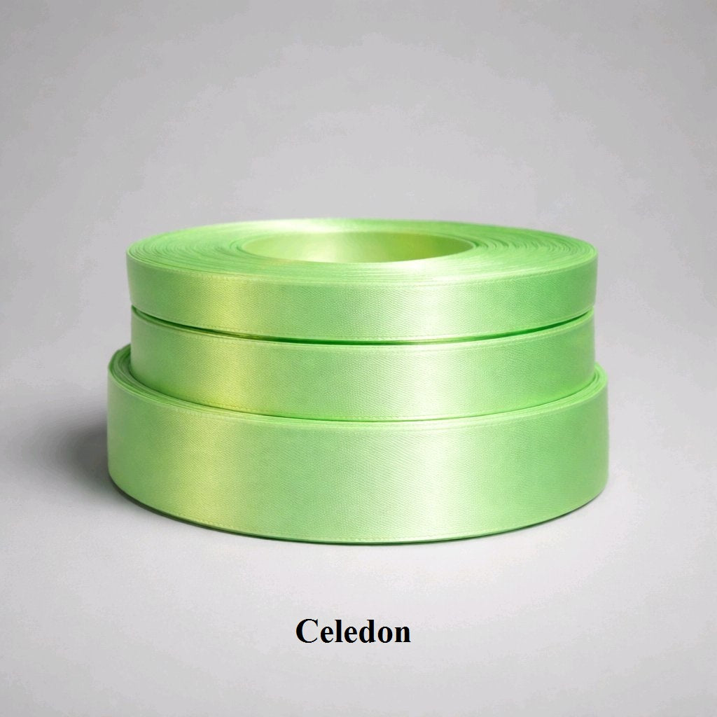 25mm celedon satin ribbon; muted sage-toned polyester for organic-style crafts and subtle floral details
