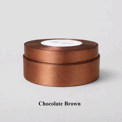 25mm chocolate brown satin ribbon; deep cocoa-colored 32m reel for luxury food packaging and fall decor.