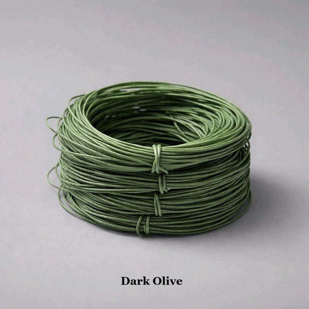 : 1mm dark olive green waxed cotton cord; deep moss-toned polished thread for sturdy jewellery and accessories