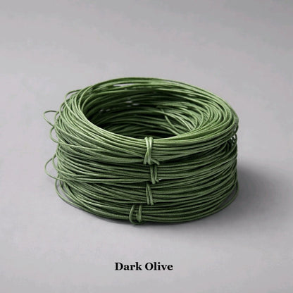 : 1mm dark olive green waxed cotton cord; deep moss-toned polished thread for sturdy jewellery and accessories