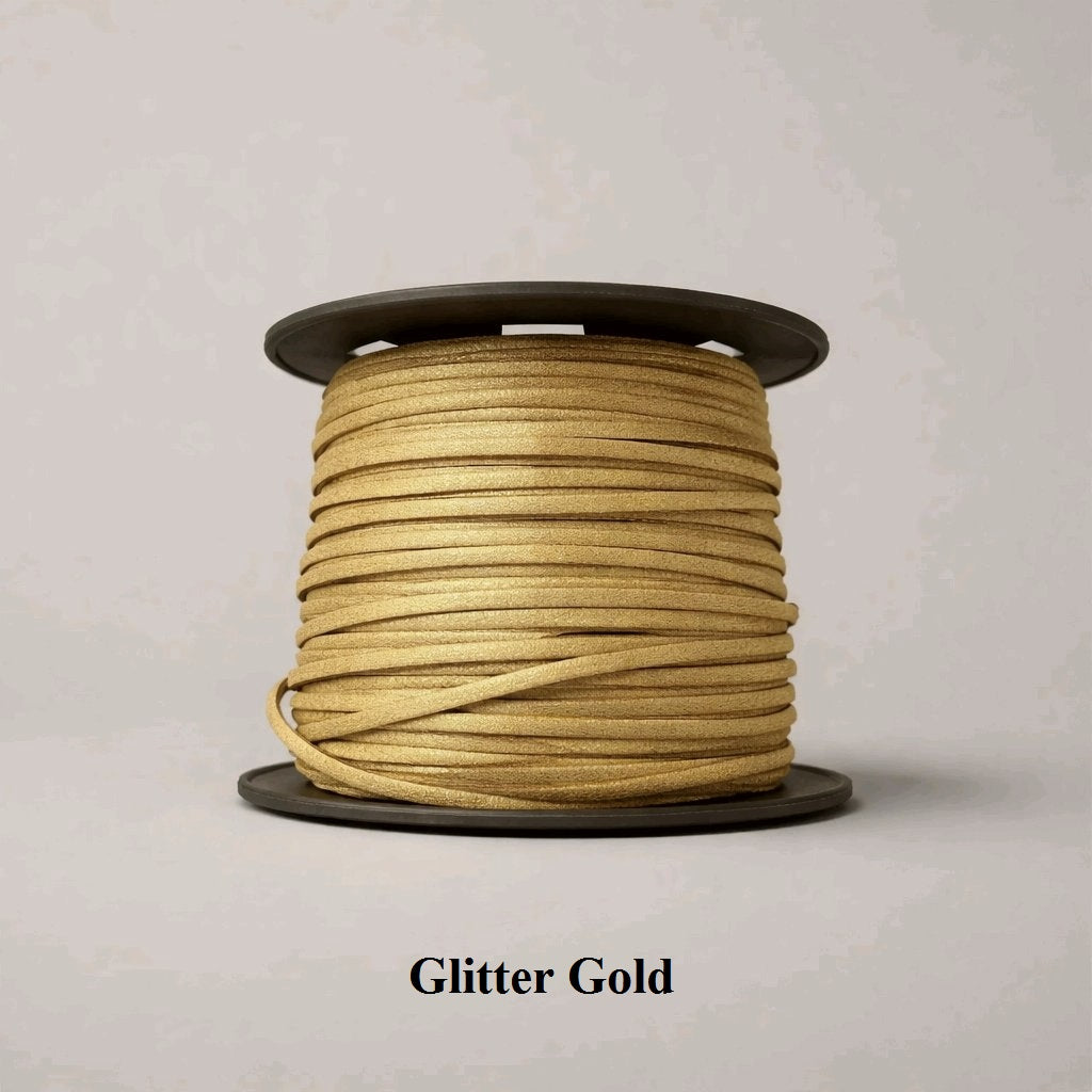 3mm glitter gold faux suede cord; shimmering metallic vegan leather flat lacing for festive jewellery and luxury gift wrapping