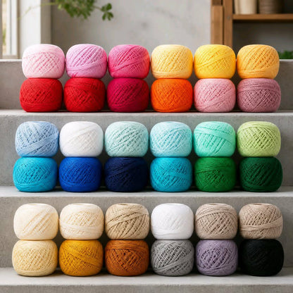High-quality size 10 mercerized cotton crochet thread balls in a variety of vibrant colours for fine lacework and micro-amigurumi.