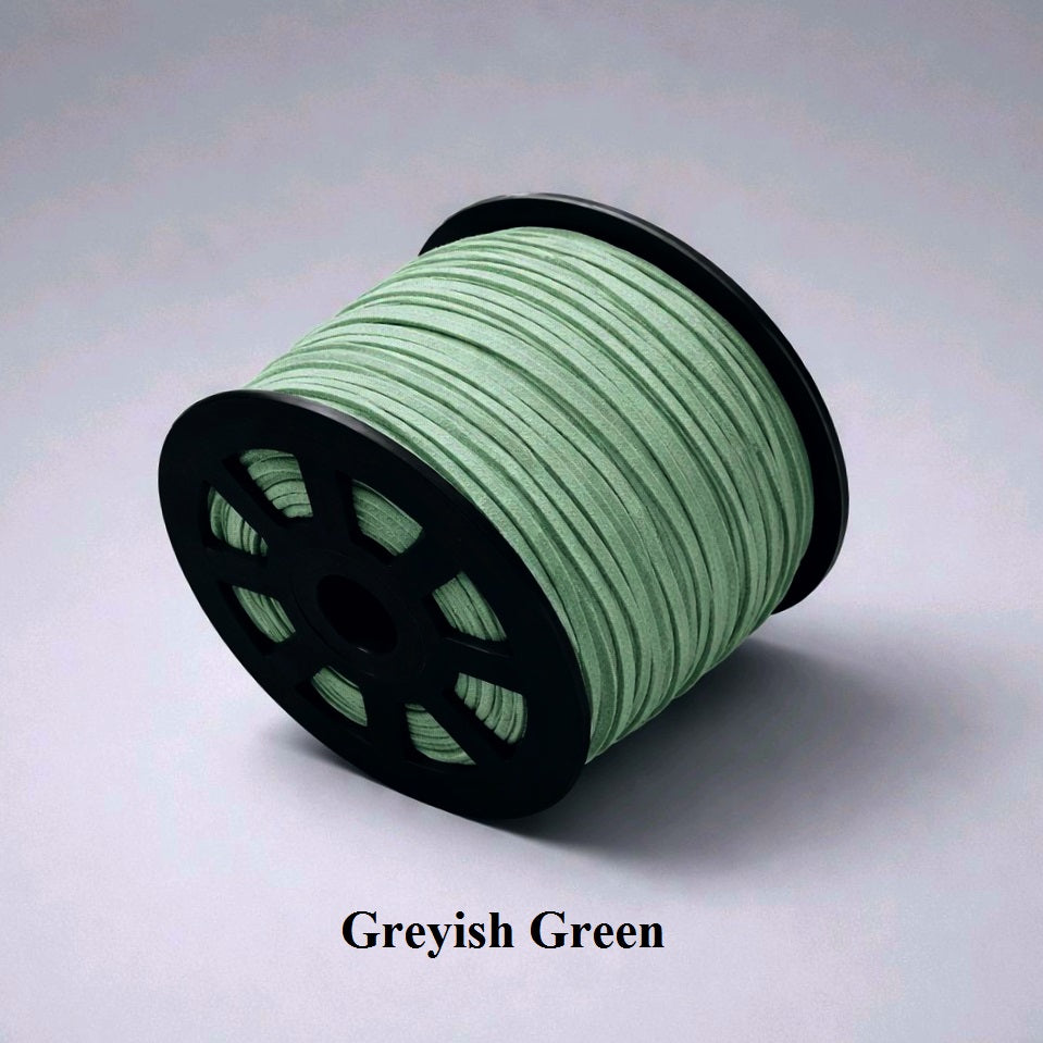 3mm greyish green faux suede cord; muted moss-colored lacing for rustic accessories and neutral fashion designs