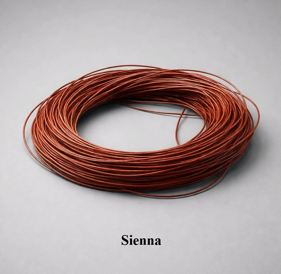 1mm sienna leather cord; rich reddish-brown 100% cowhide round cord for warm-toned jewellery designs and decorative leatherwork accents.