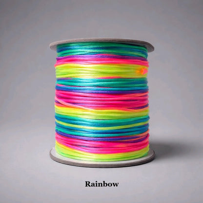 1mm rainbow rattail satin cord; multi-color gradient silky nylon string for vibrant pride jewellery, colourful friendship bracelets, and playful Kumihimo braiding projects