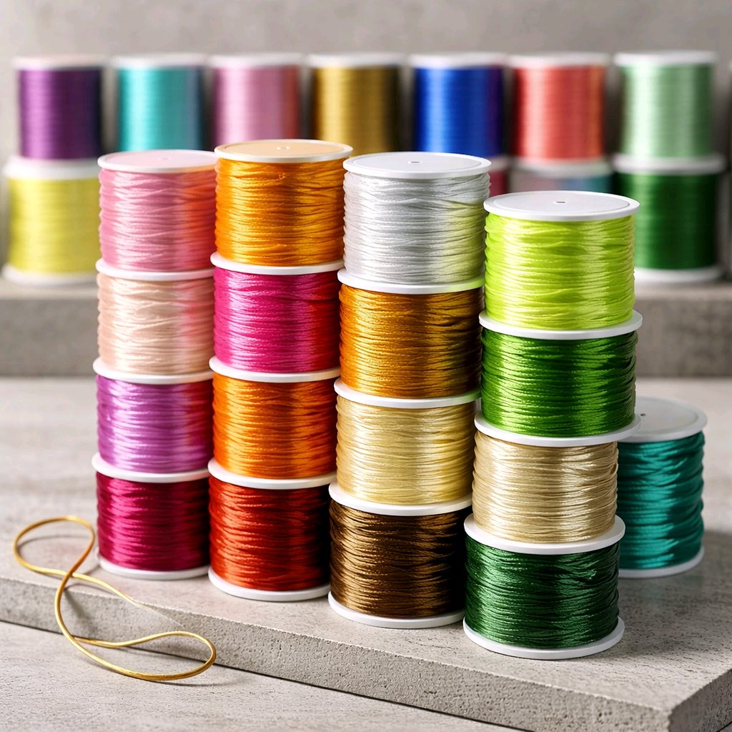 1mm rattail satin nylon cord assorted colors; bulk palette of 40 vibrant silky strings for Kumihimo braiding, Shamballa bracelets, Chinese knotting, and professional jewellery making supplies, shades of pink, green, grey, yellow, orange from soft shades to bright cololurs