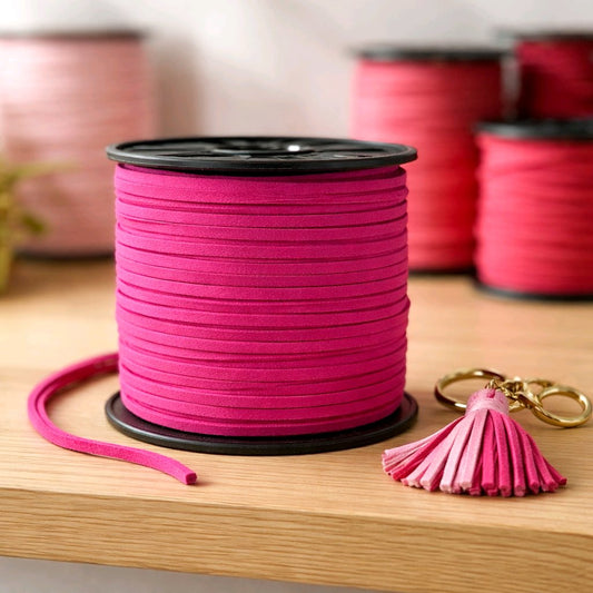 3mm dark pink faux suede cord; high-quality flat lacing for vibrant bracelets and hot pink accessory drawstrings. 1.5mm high