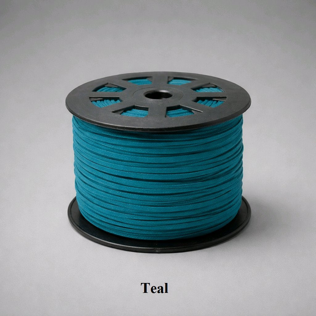 3mm teal faux suede flat cord; dark peacock-green vegan leather thread for bohemian jewellery and home decor.