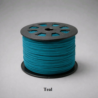 3mm teal faux suede flat cord; dark peacock-green vegan leather thread for bohemian jewellery and home decor.