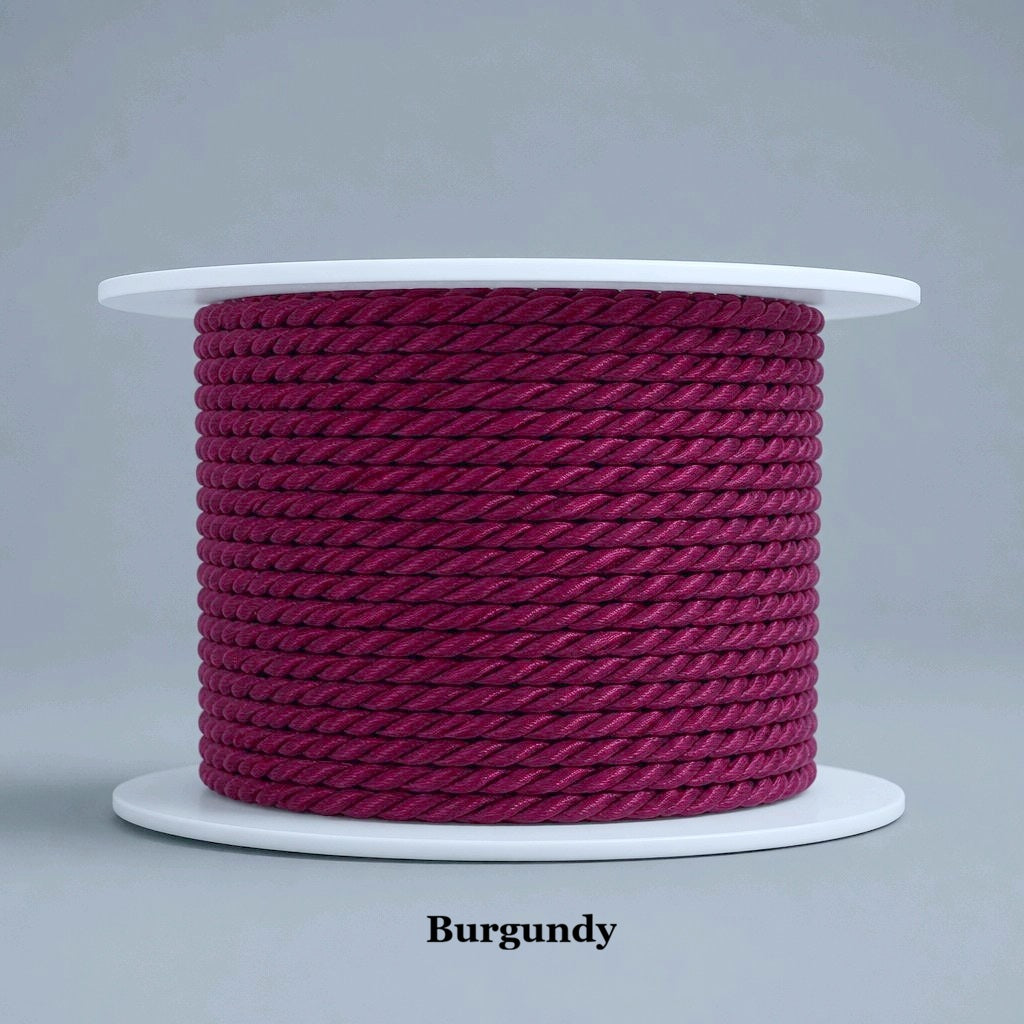 Deep burgundy 3.5mm twisted cord, luxurious wine colour for formal home decor and velvet cushion trim