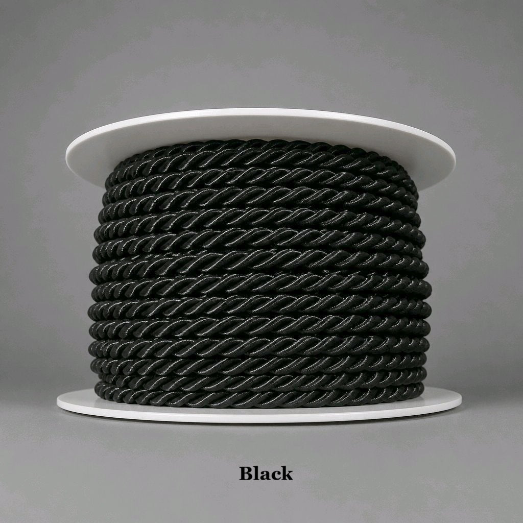 High-durability 3.5mm black twisted cord for structural bag piping and luxury soutache embroidery